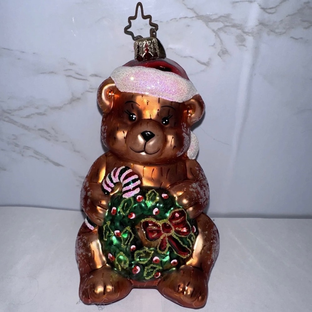 Vtg Christopher Radko Sweetie Bear & Wreath Christmas Ornament 5" Blown Glass